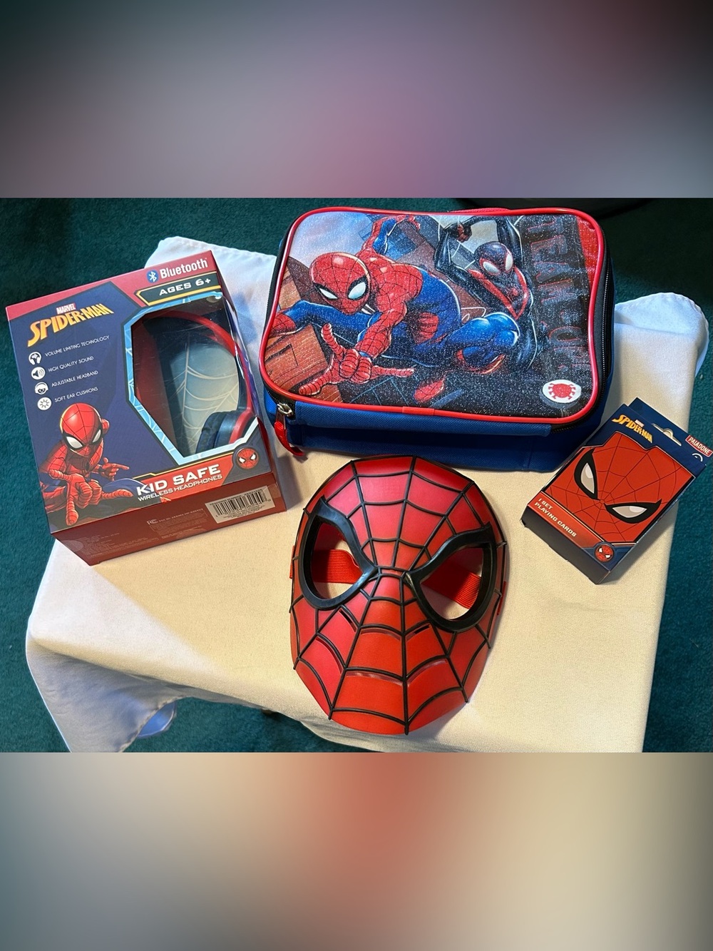 Hasbro Marvel Spiderman Mask, Headphones, Lunch Tote & Playing Card’s Bundle